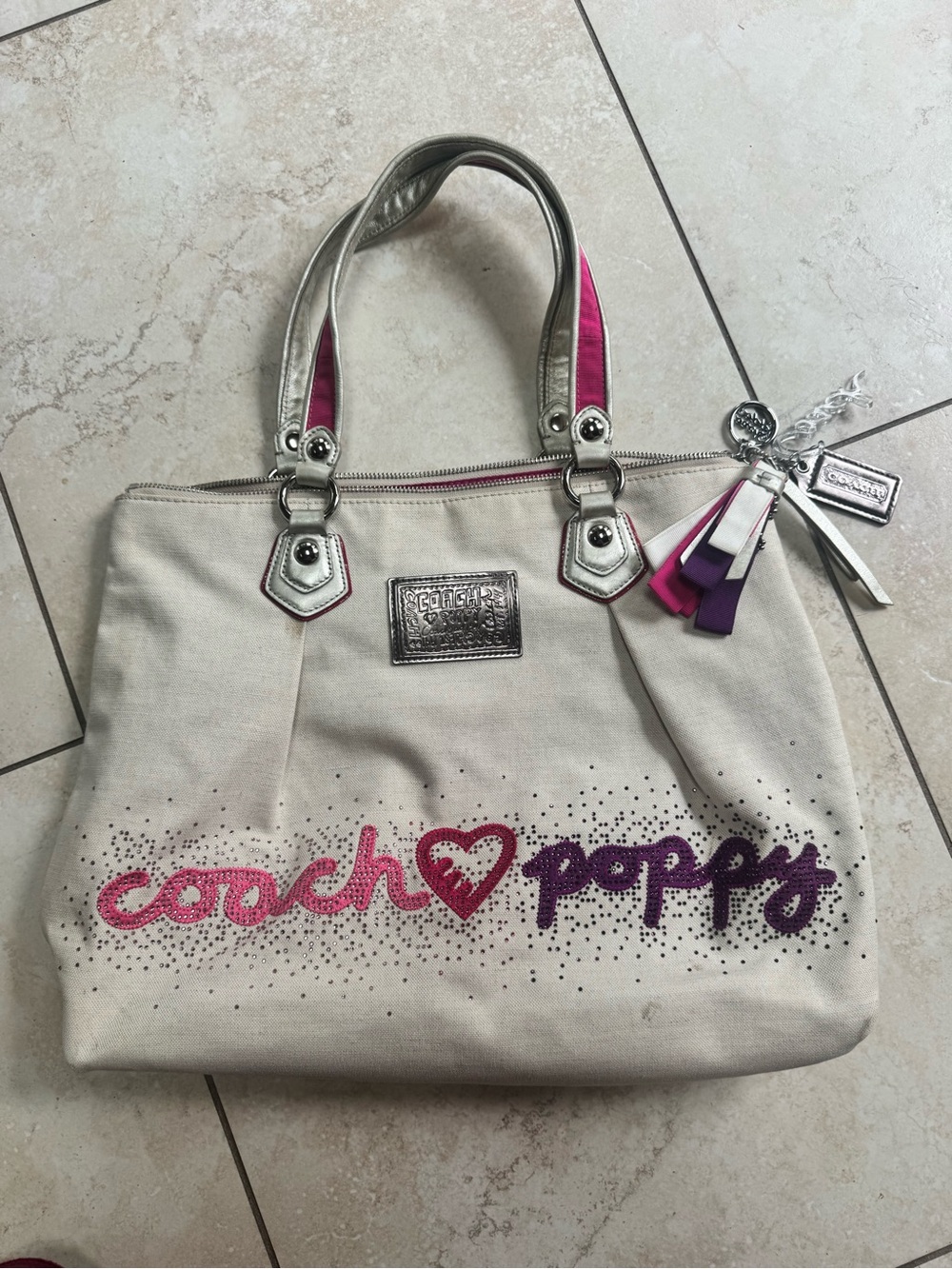 Coach Canvas Poppy Tote in Ivory with Pink & Purple Accents